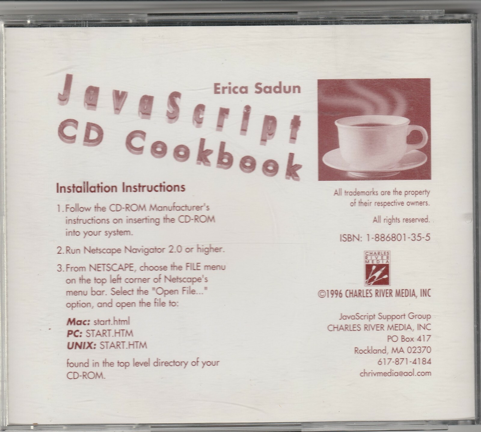 JavaScript CD Cookbook Erica Sadun by Charles River Media 1995 ~ CD-ROM