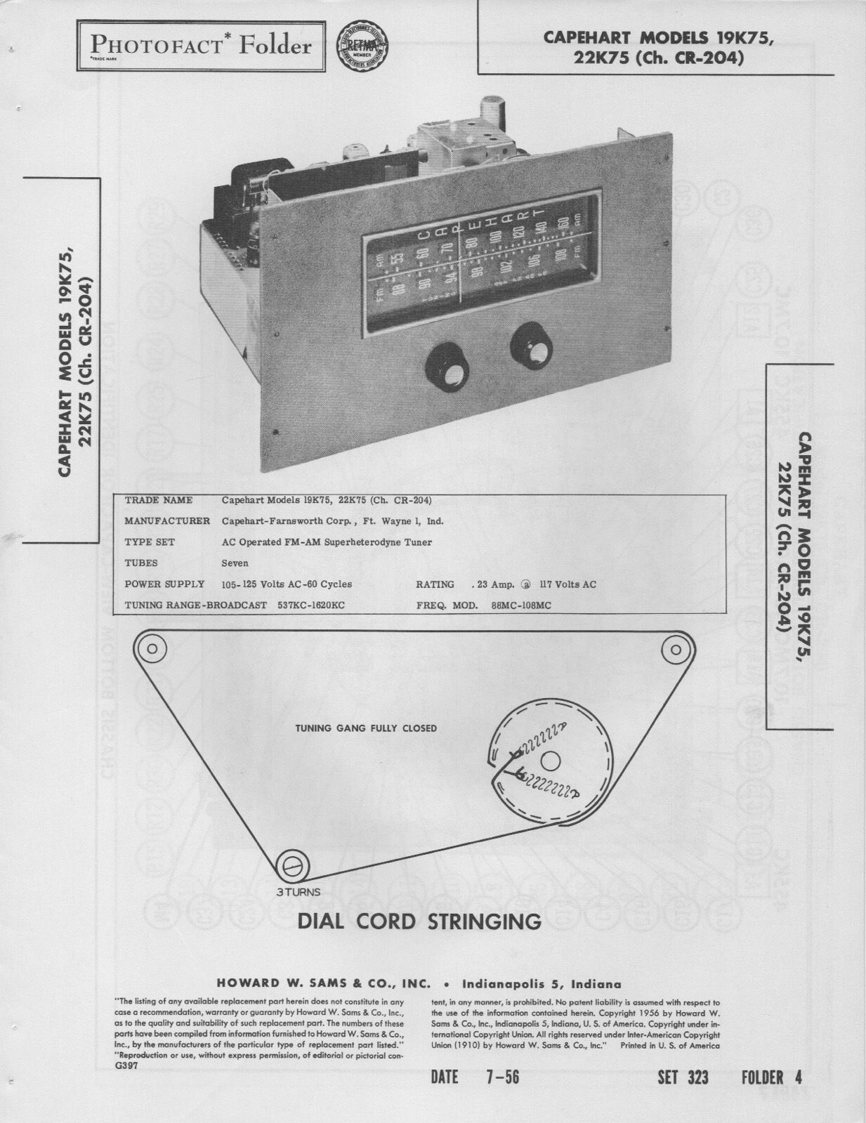 1956 CAPEHART 19K75 RADIO SERVICE MANUAL PHOTOFACT SCHEMATIC 22K75 AM FM TUBE