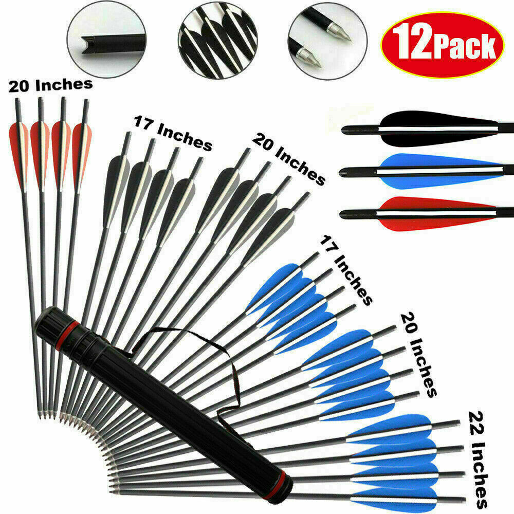 12Pcs 17"/20"/22" Carbon Arrows OD 8.8mm Crossbow Bolts W/Quiver Target Hunting