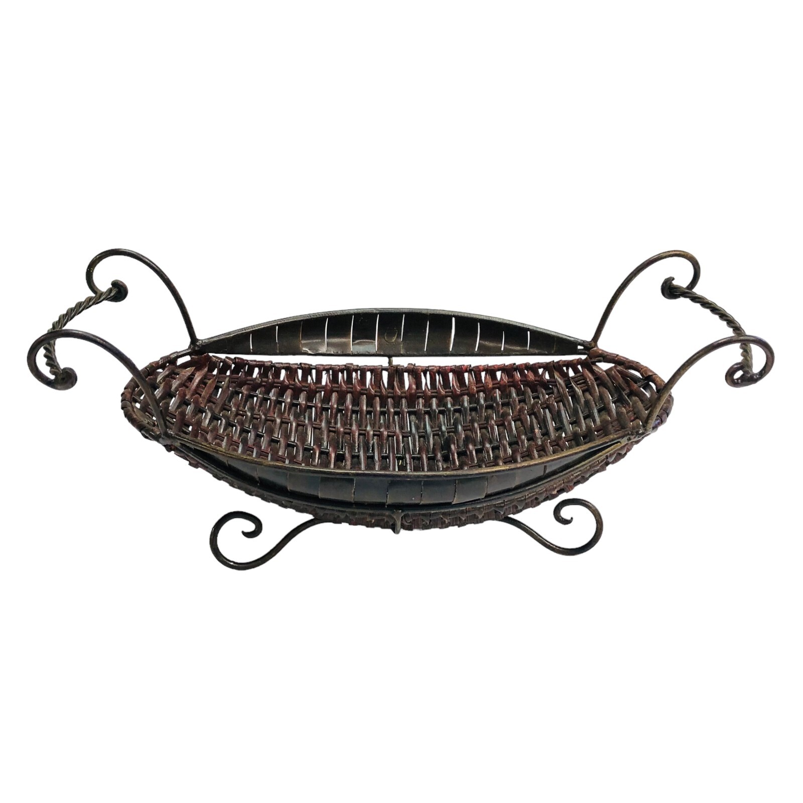 Woven Rattan and Metal Oval Basket Footed w/Handles 16.5 x 6 x 7.75