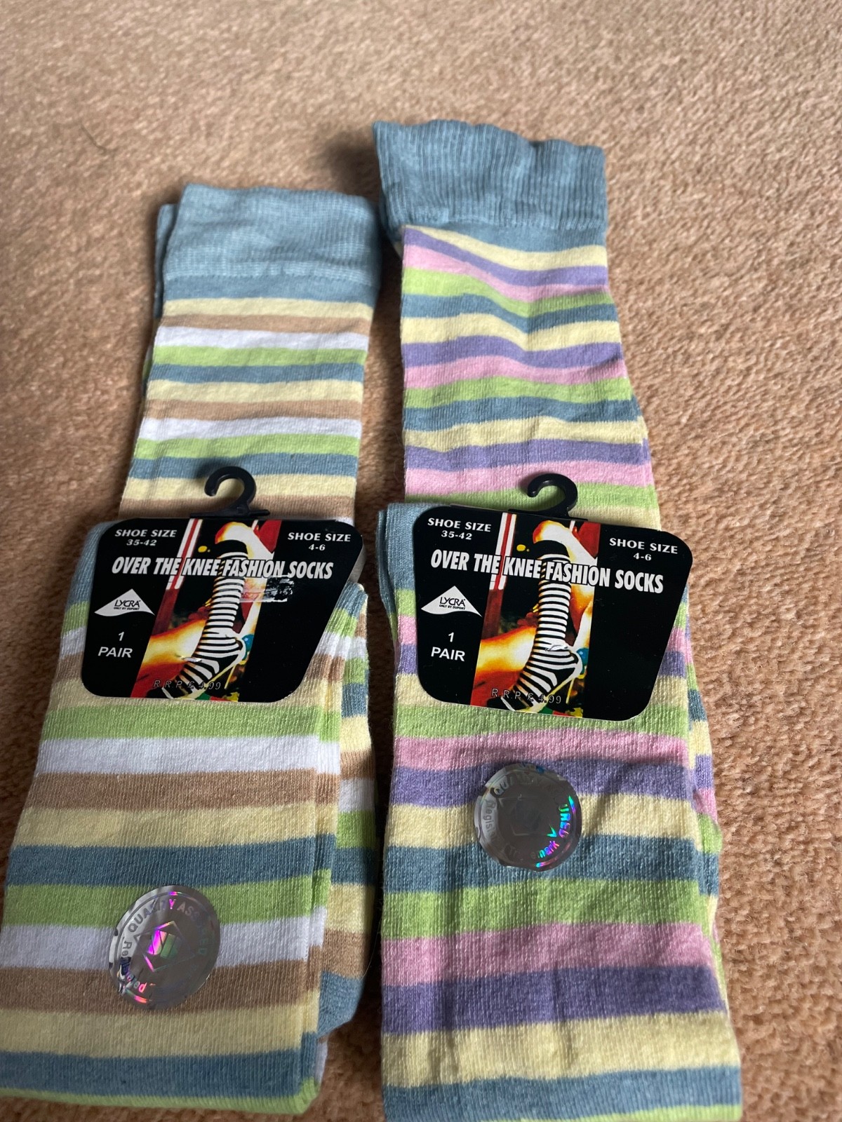 BNWT - 2 Pairs Ladies Over Knee Striped Fashion Socks - size 4-6