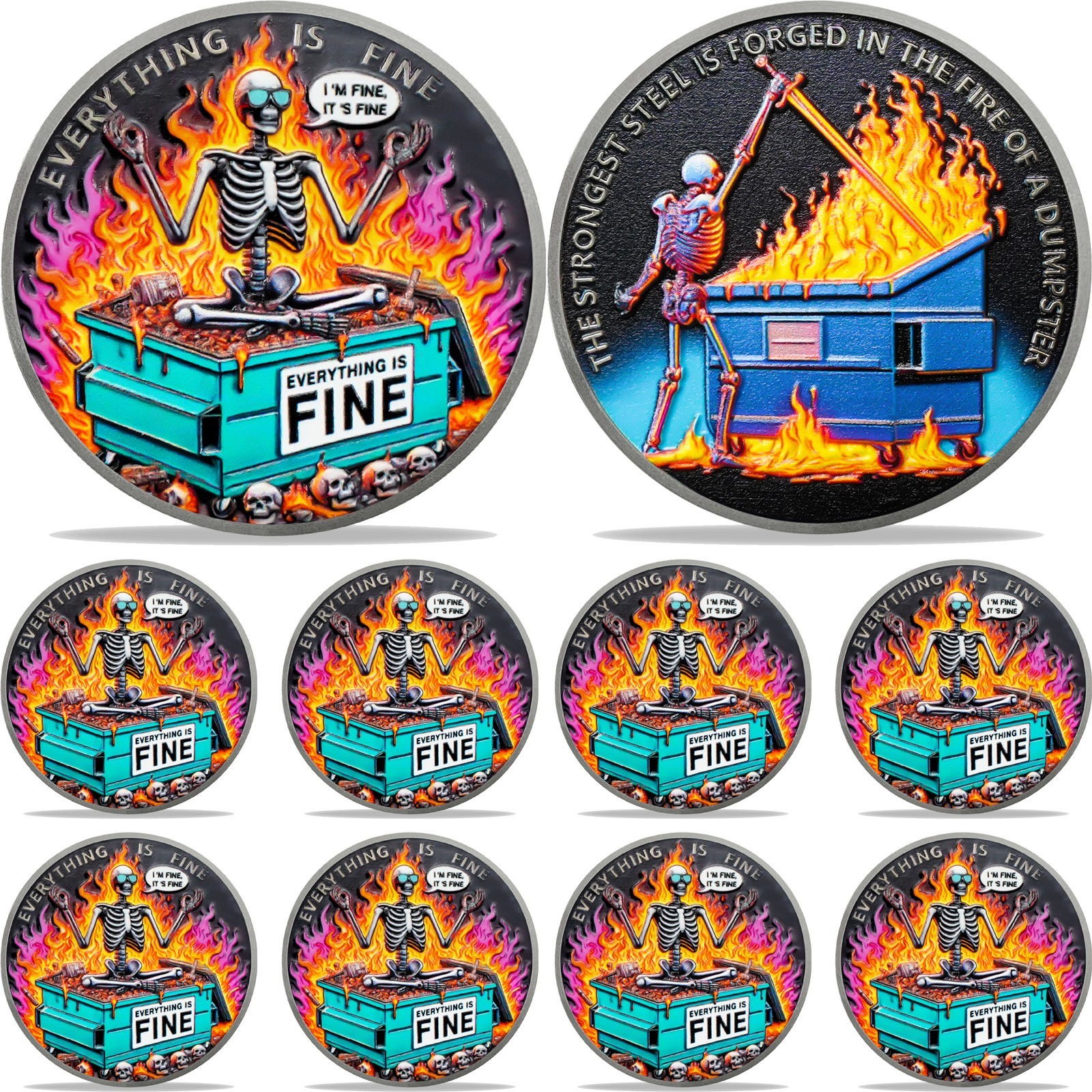 10pcs Colorful Skull Dumpster Fire Challenge Coin Thank You Gifts For Men Women