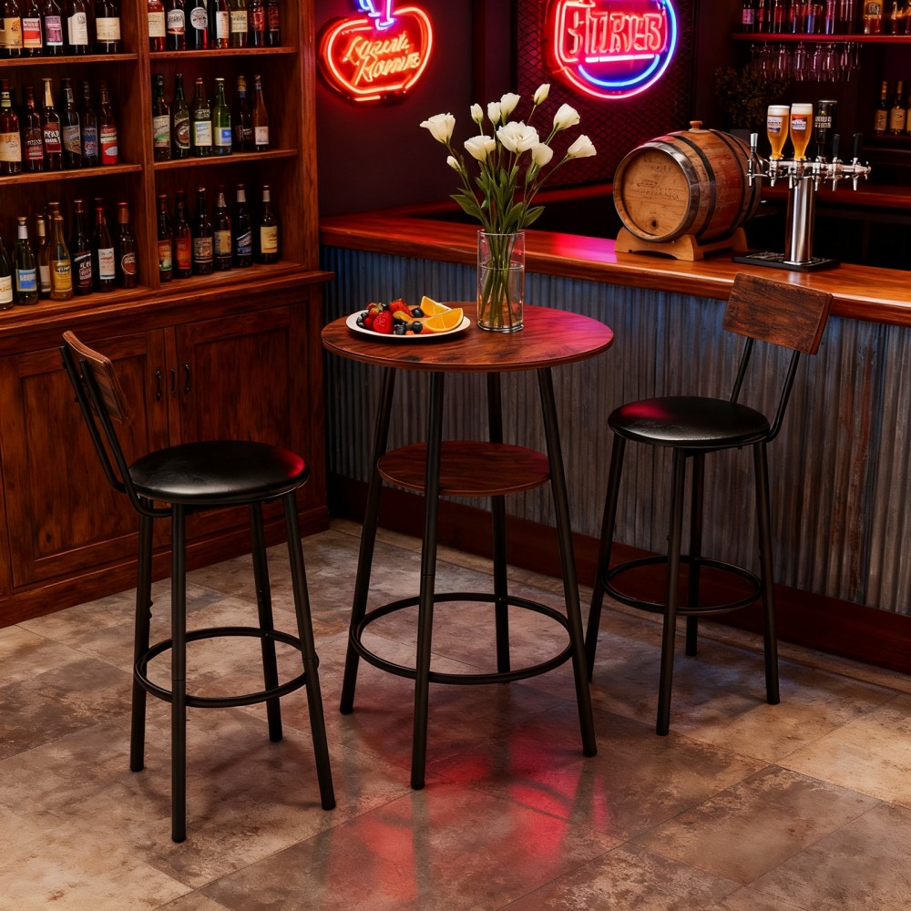 3 Pieces Round Bar Table and Chairs Set, Small Dining Table for 2 with 2-Tier