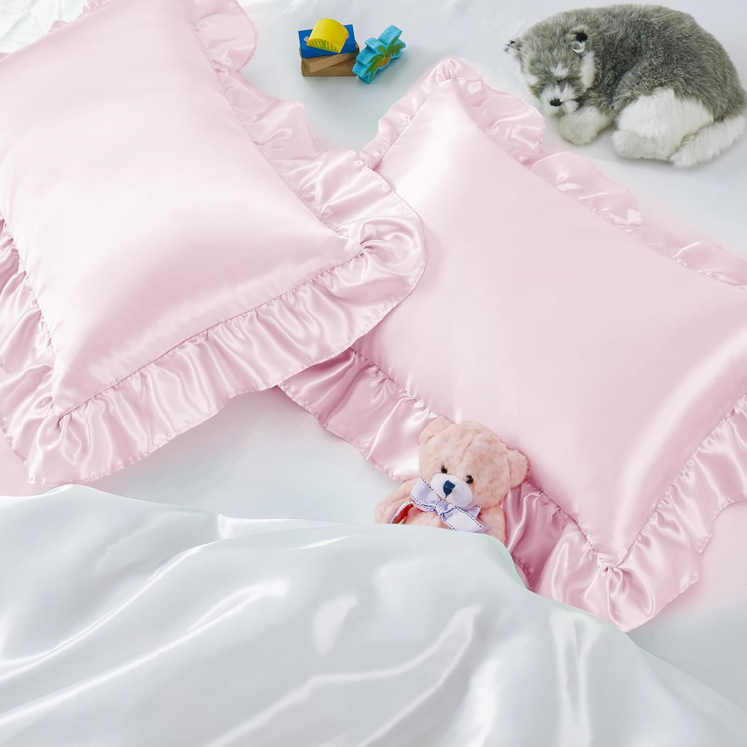 Ruffle Satin Toddler Pillowcase Set of 2, 13 X 18 Inch Toddler Silky Pillow Cove
