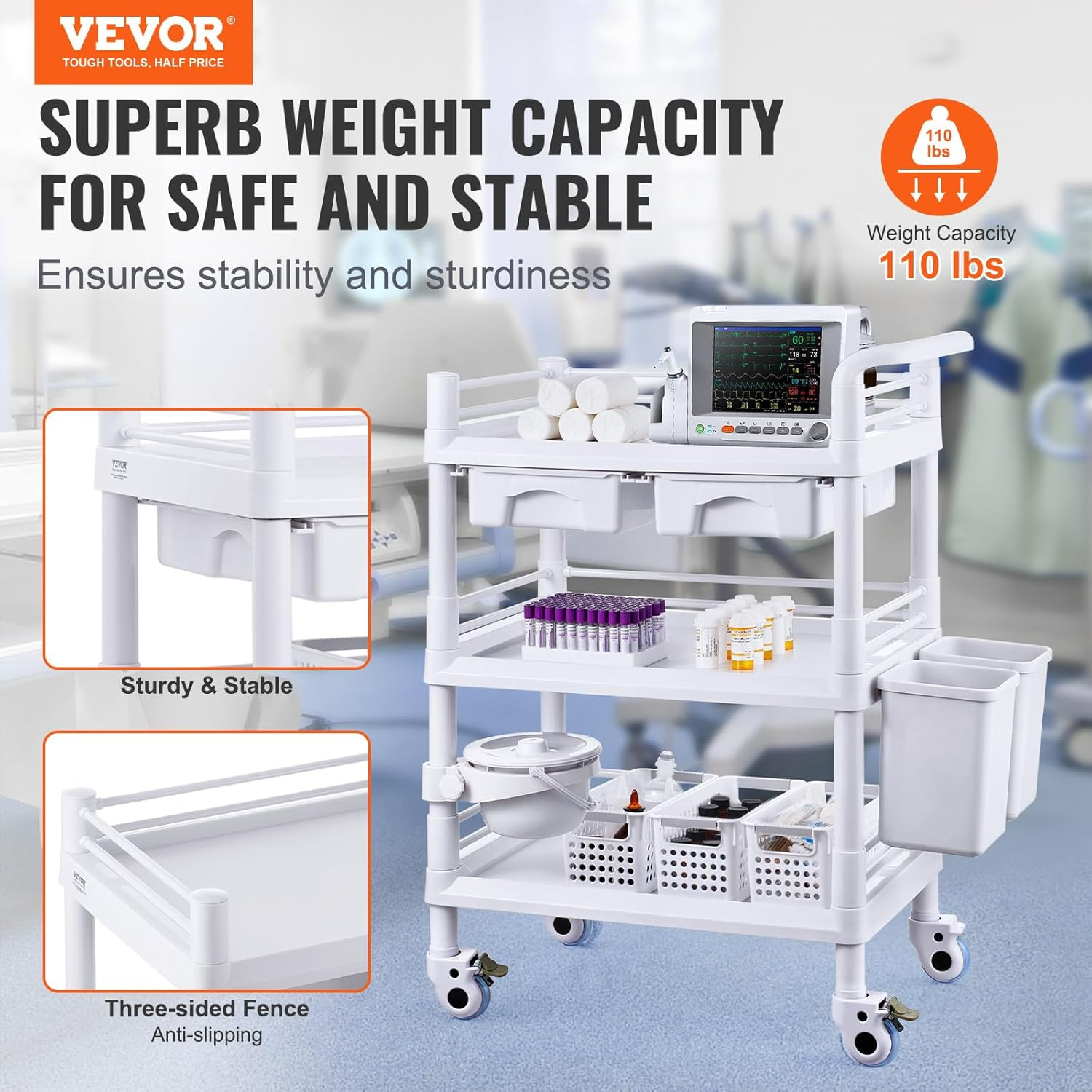 Medical Mobile Trolley Cart with 2 Drawers & 3 Trash Cans, 3 Tiers Beauty Salon