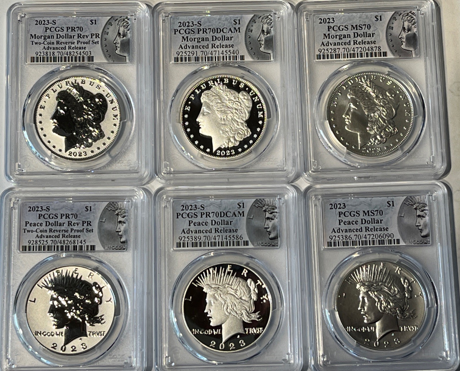 2023 Silver Morgan/Peace Dollar PCGS MS/PR/PF 70 Advanced Release 6 COIN SET AR*