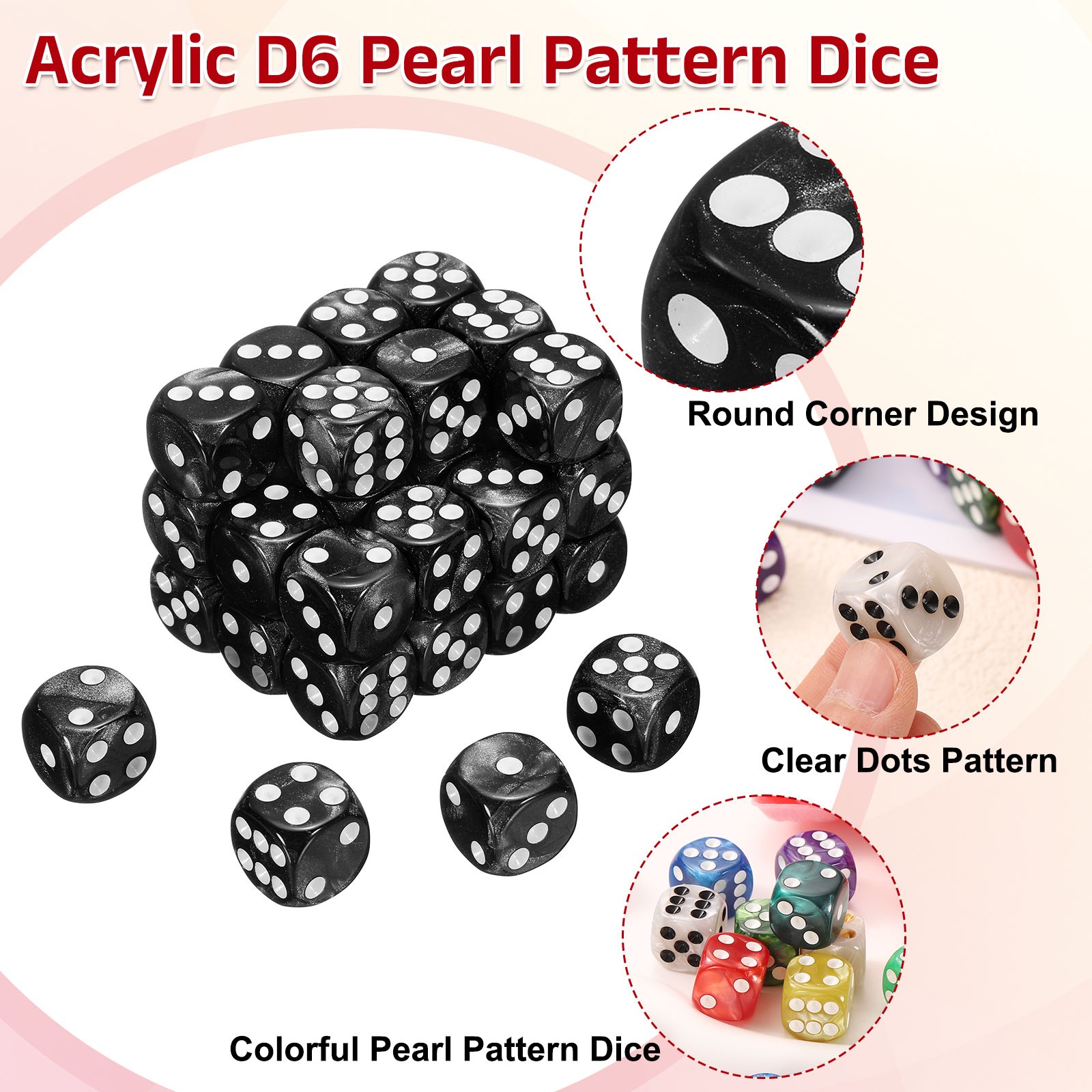 48Pcs 6 Sided Colored Standard Dice, Acrylic D6 Pearl Pattern Dice, Black
