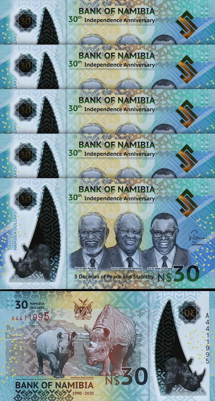 Namibia 30 Dollars 2020, UNC, 5 Pcs LOT, Polymer, Comm.30 th Anniversary, P-New