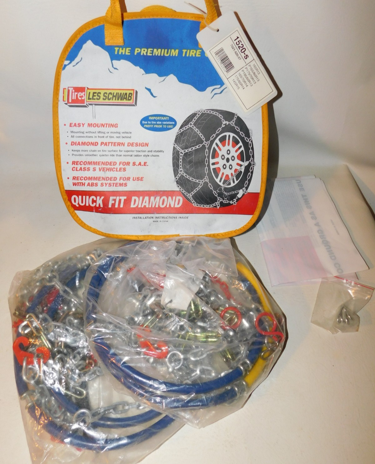 1520-s Les Schwab Quick Fit Diamond Pattern Tire Chains, 1 Pair - Never Used