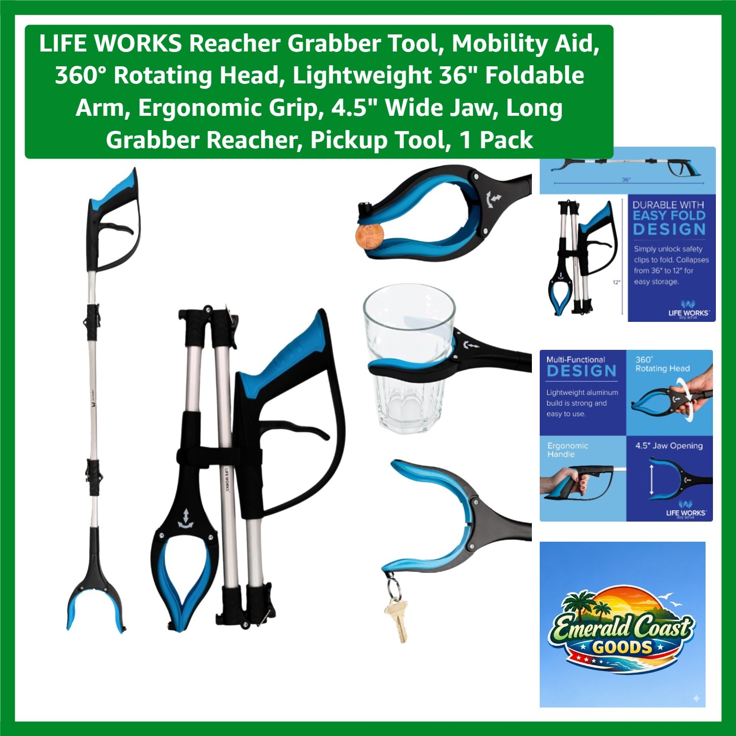 Ergonomic 36" Reacher Grabber Tool - Lightweight Pickup Aid for Independence