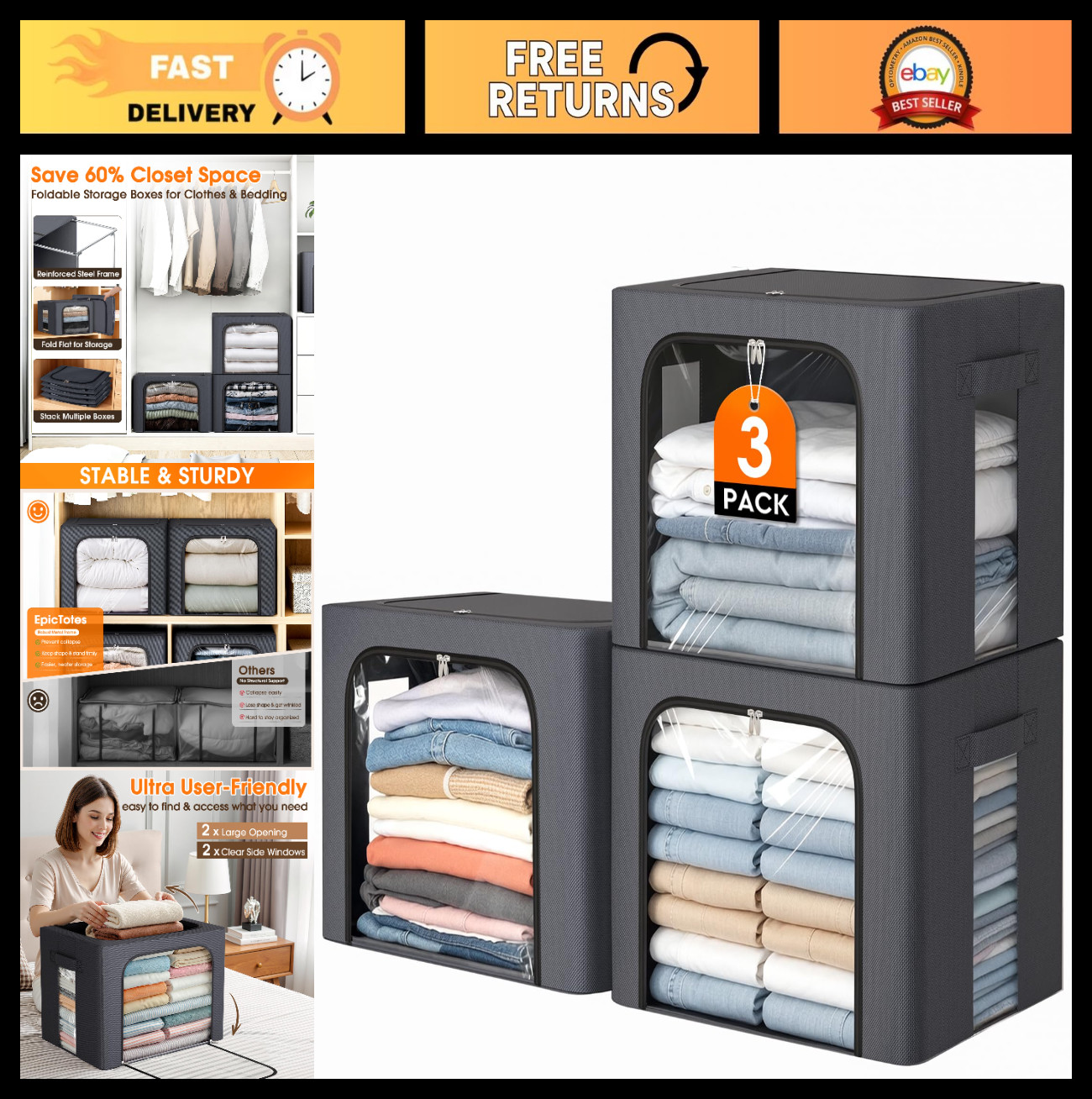 3 Pack Fabric Storage Bins with Metal Frame, 40L Organizer Bags, Clear Window, Z