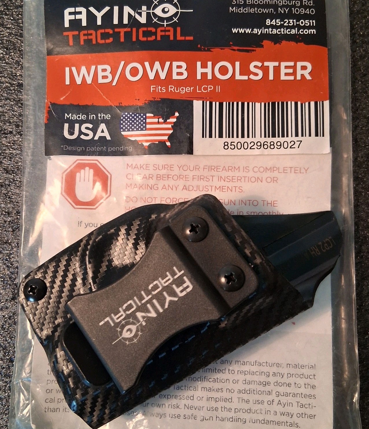 AYIN Tactical IWB/OWB Holster Fits Ruger LCP II Pistol Made in USA Black