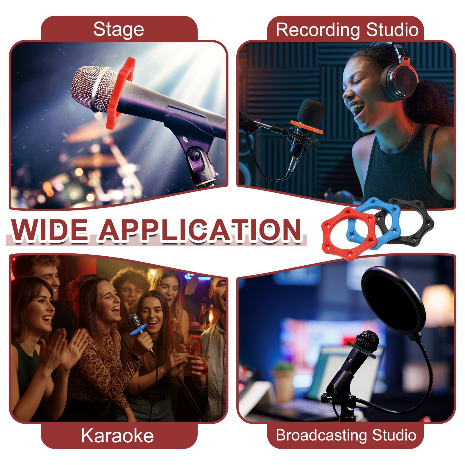 Microphone Anti-Roll Rubber Hexagonal Rings, 5 Pack & 1.4 x 2.3" & Red