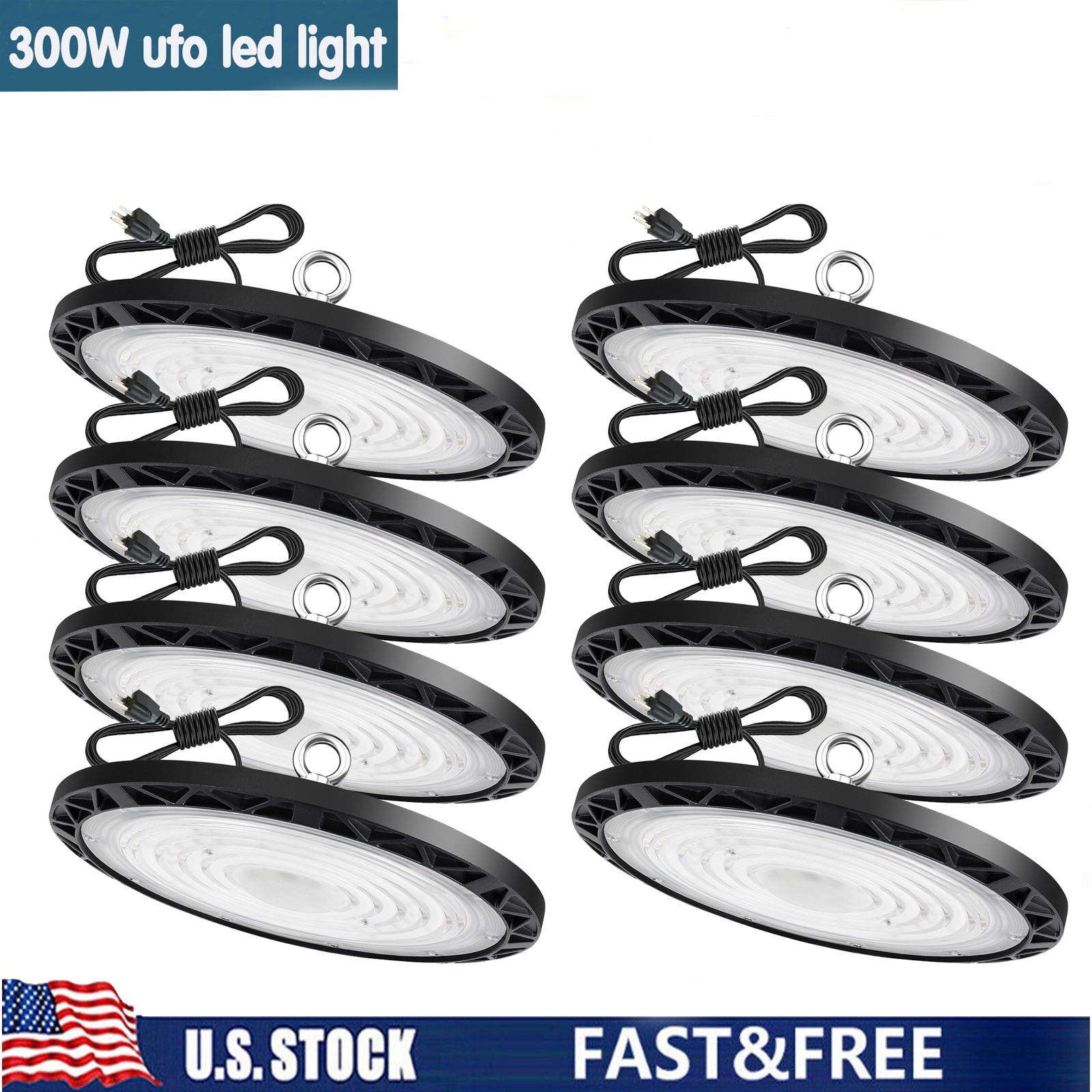 8 Pack 300W UFO LED High Bay Light Industrial Factory Warehouse Commercial Light