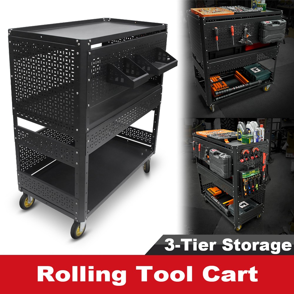 3-Tier Mechanic Rolling Tool Cart Storage DIY Pegboard Organizer Garage Workshop
