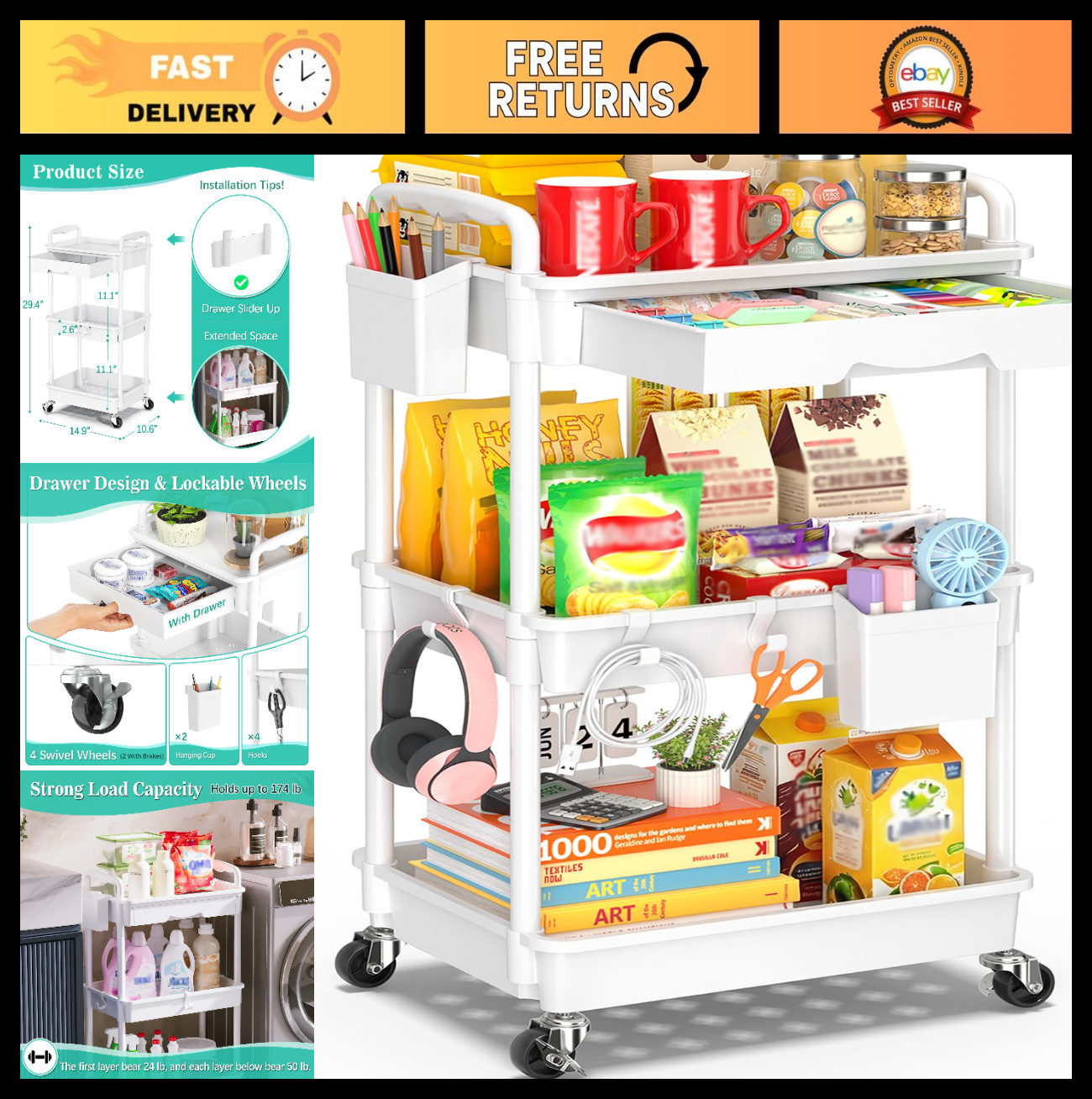3 Tier Rolling Storage Cart with Drawer, Lockable Wheels, Bathroom & Kitchen Org