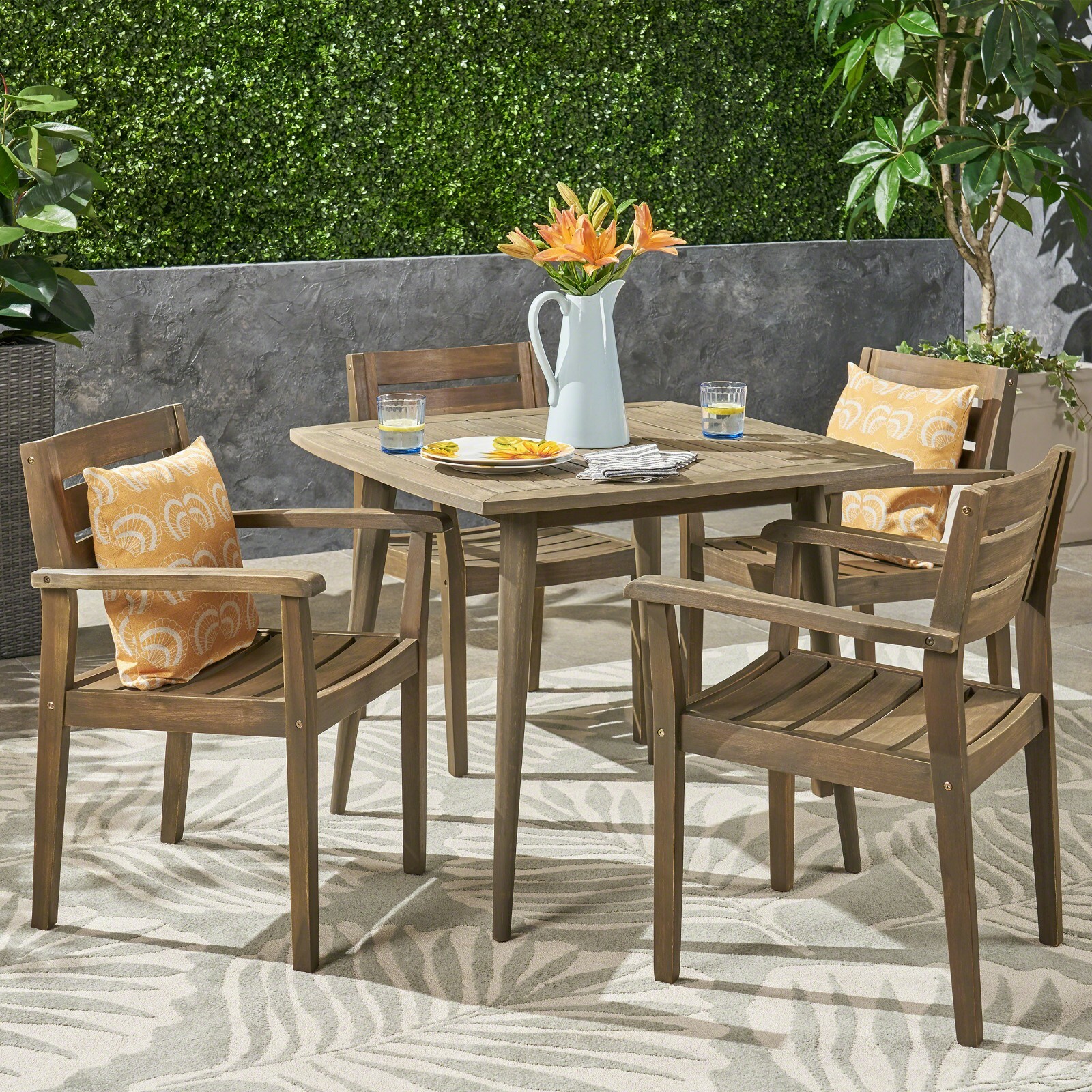 Zack Outdoor 5 Piece Acacia Wood Dining Set wit Straight Legged Dining Table