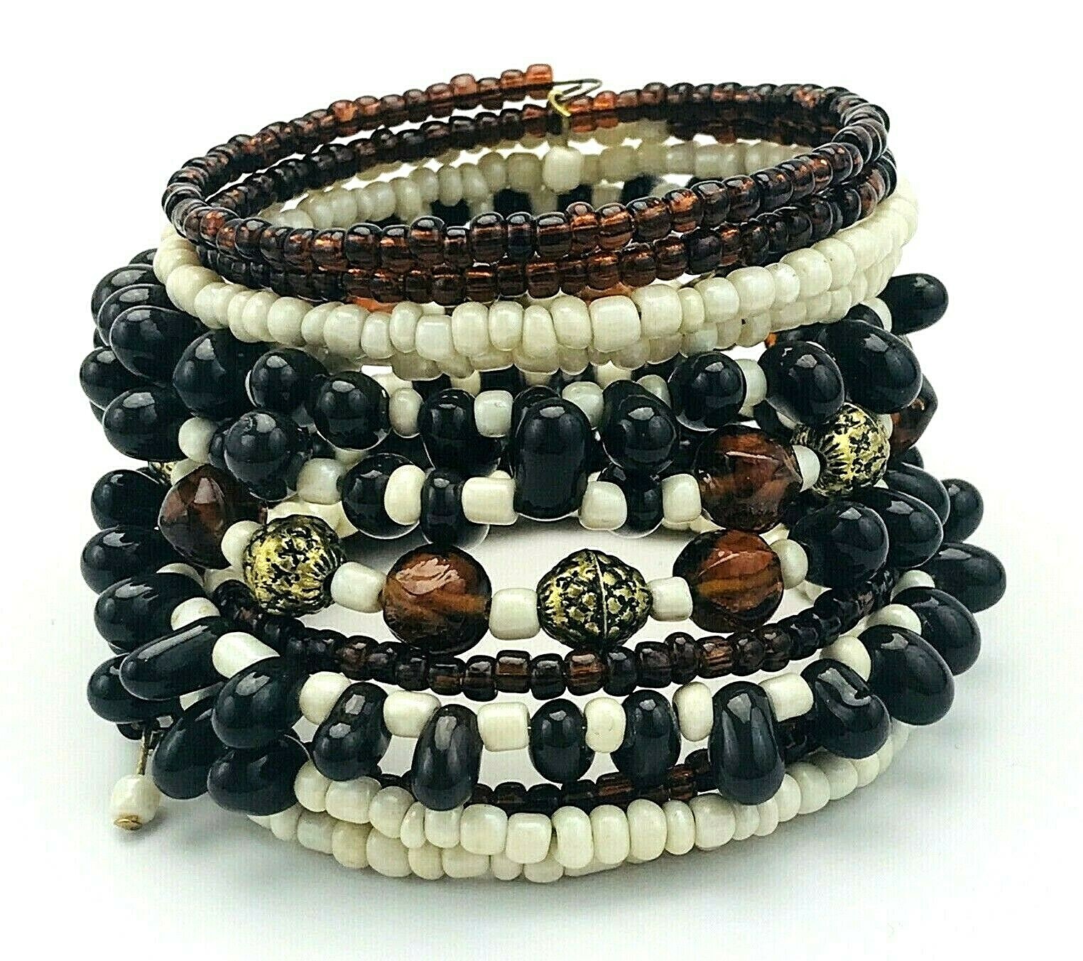Vintage Multiple 12 Wrap Memory Wire Beaded Bracelet Brown Amber Cream
