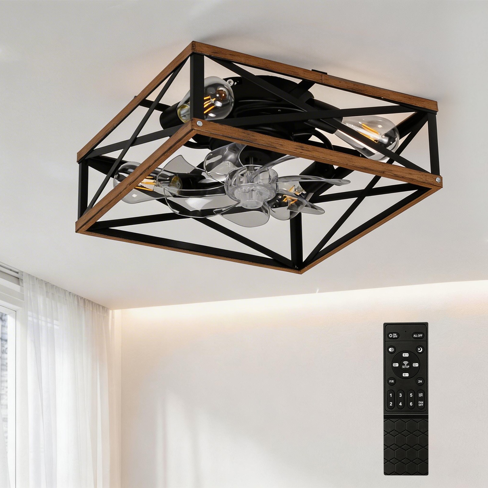 16" Square Flush Mount Enclosed Caged Fan Light Wood Grain Ceiling Fan