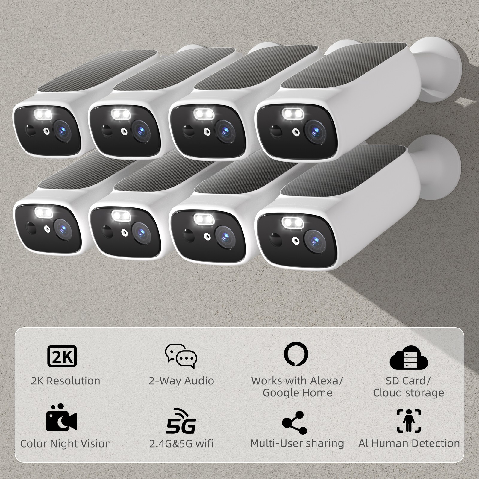 DualBand WiFi6 Wireless Pre-Record Solar Battery Security Camera System 8PACK