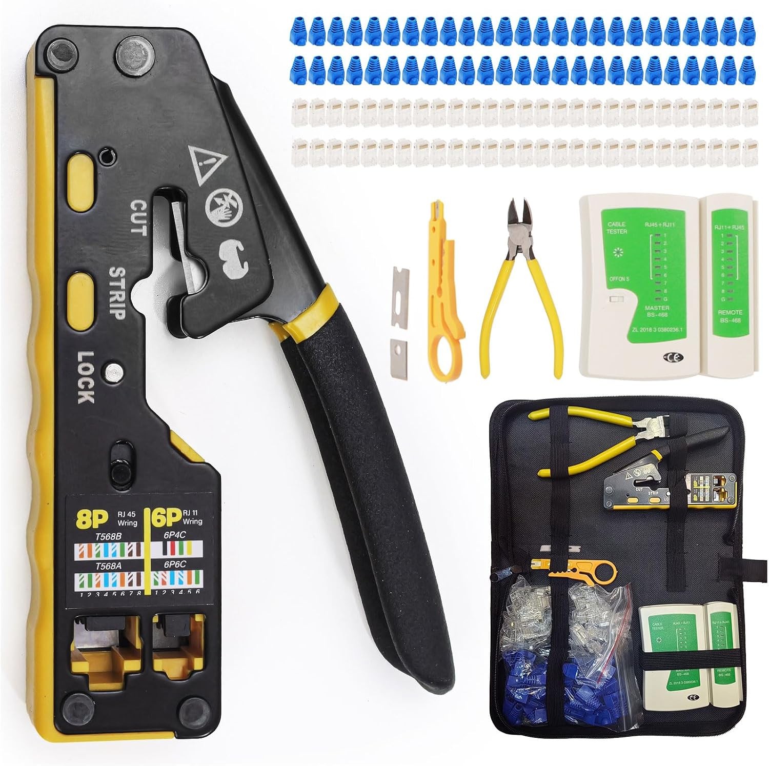 All-in-One RJ45 Crimp Tool Kit with Tester and Carrying Case, Pass Through Ether