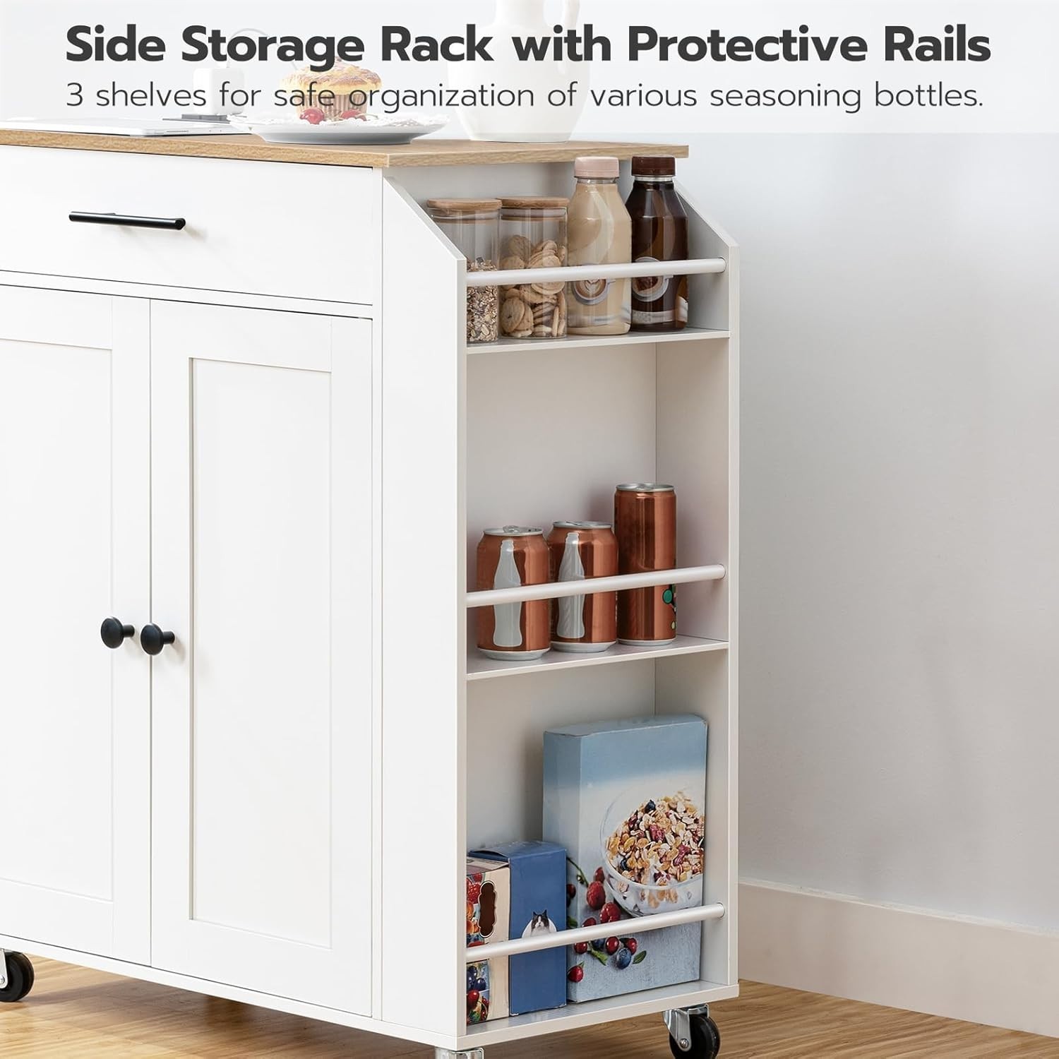 Kitchen Island with Power Outlet Storage Cart Rolling Spice Rack Modern White