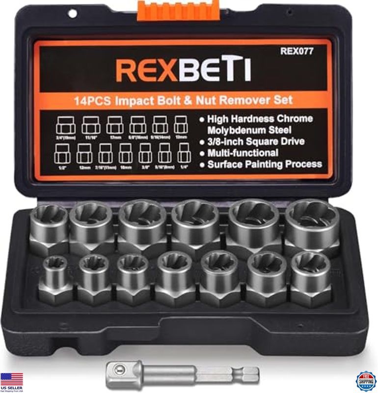 REXBETI 13+1 Piece Impact Bolt & Nut Extractor Set with Durable Storage Case