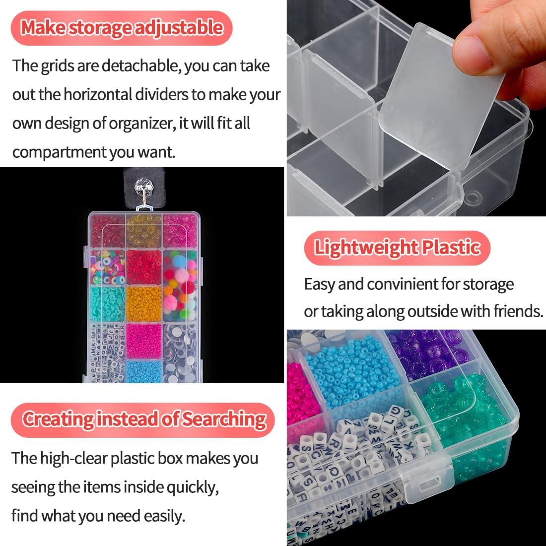 18 Grids Adjustable Dividers Plastic Bead Organizer Box, Organizer Container ...