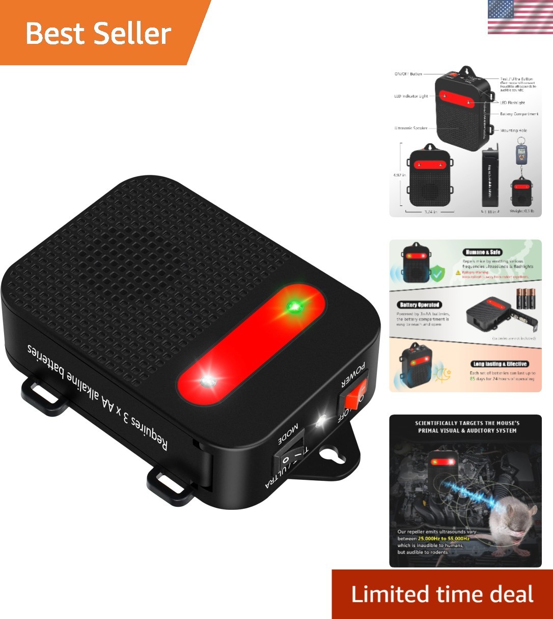 Compact Ultrasonic Rodent Deterrent with Strobe Lights for Vehicle & Garage Care