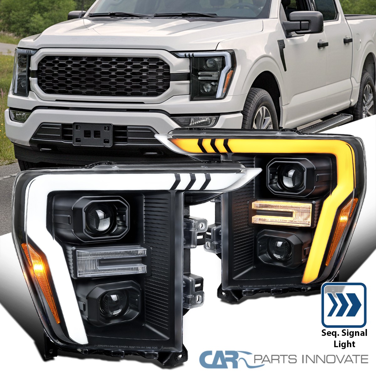 Fit 2021-2023 Ford F150 Black Projector Headlights LED Sequential Signal Lamps