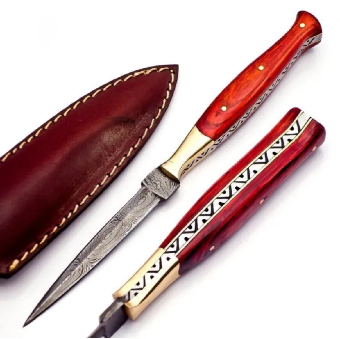 Damascus Double edged Dagger Fixed Blade Boot Knife Outdoor Hunting Throwing