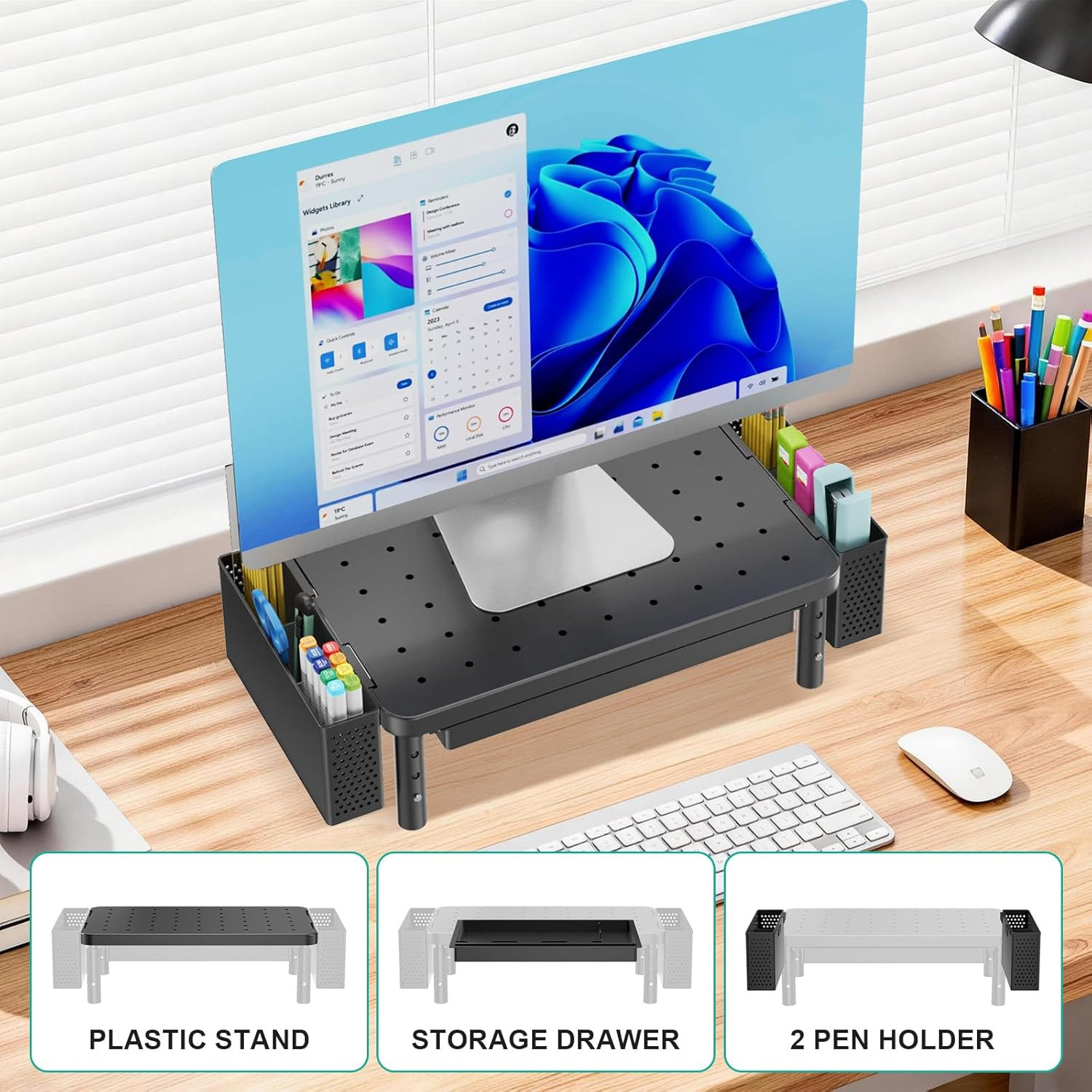 Computer Monitor Stand with Storage, Desk Organizer with Drawer and Pen Holder,