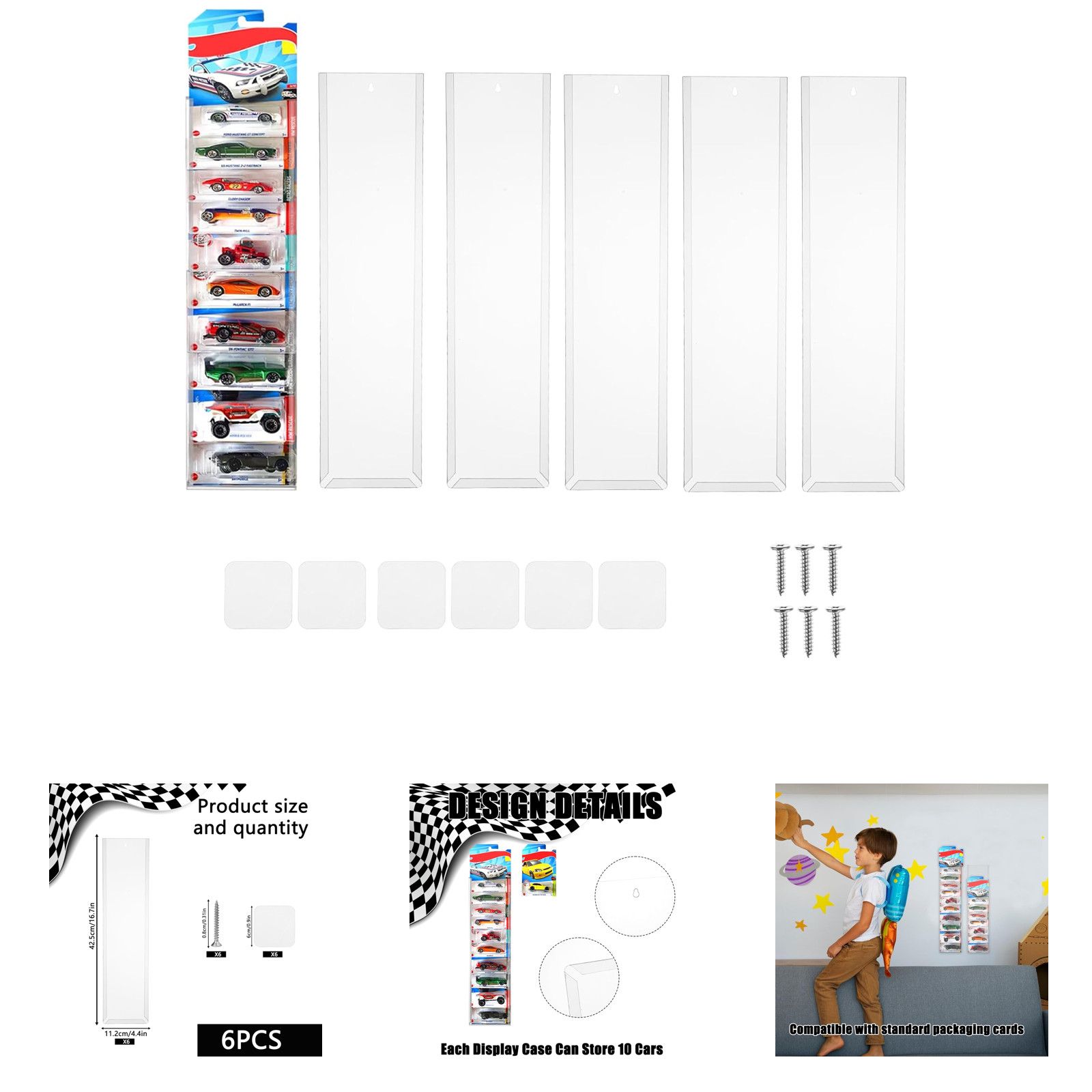 6 Pack Clear Model Car Display Cases Wall Mount for Hot Wheels Storage Organizer