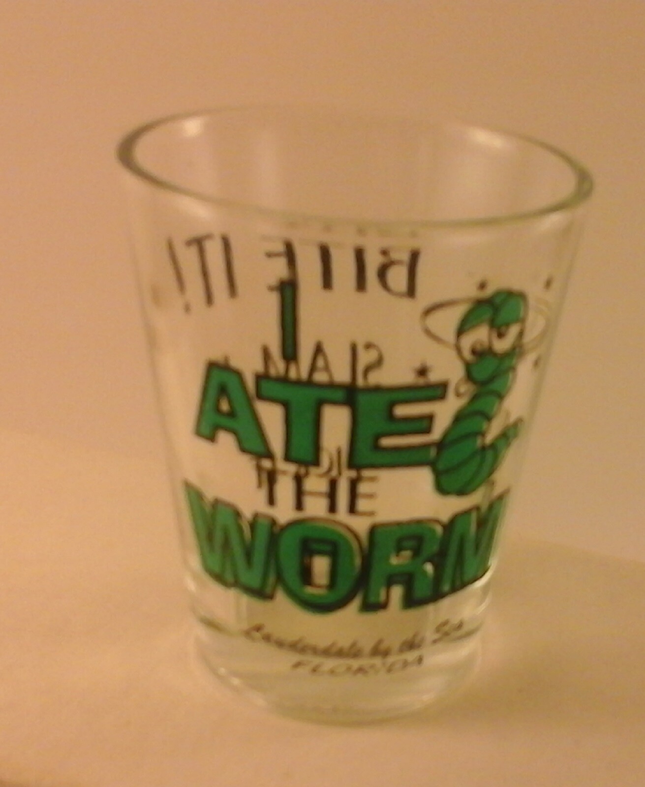 Vtg SHOT GLASS - I ATE THE WORM - LAUDERDALE BY THE SEA, FL Bite It Slam It Lick