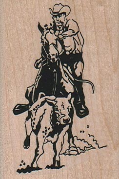 Cowboy Chasing Calf 1 3/4 x 2 1/2" Rubber Stamp, Cowboy Stamp, Western