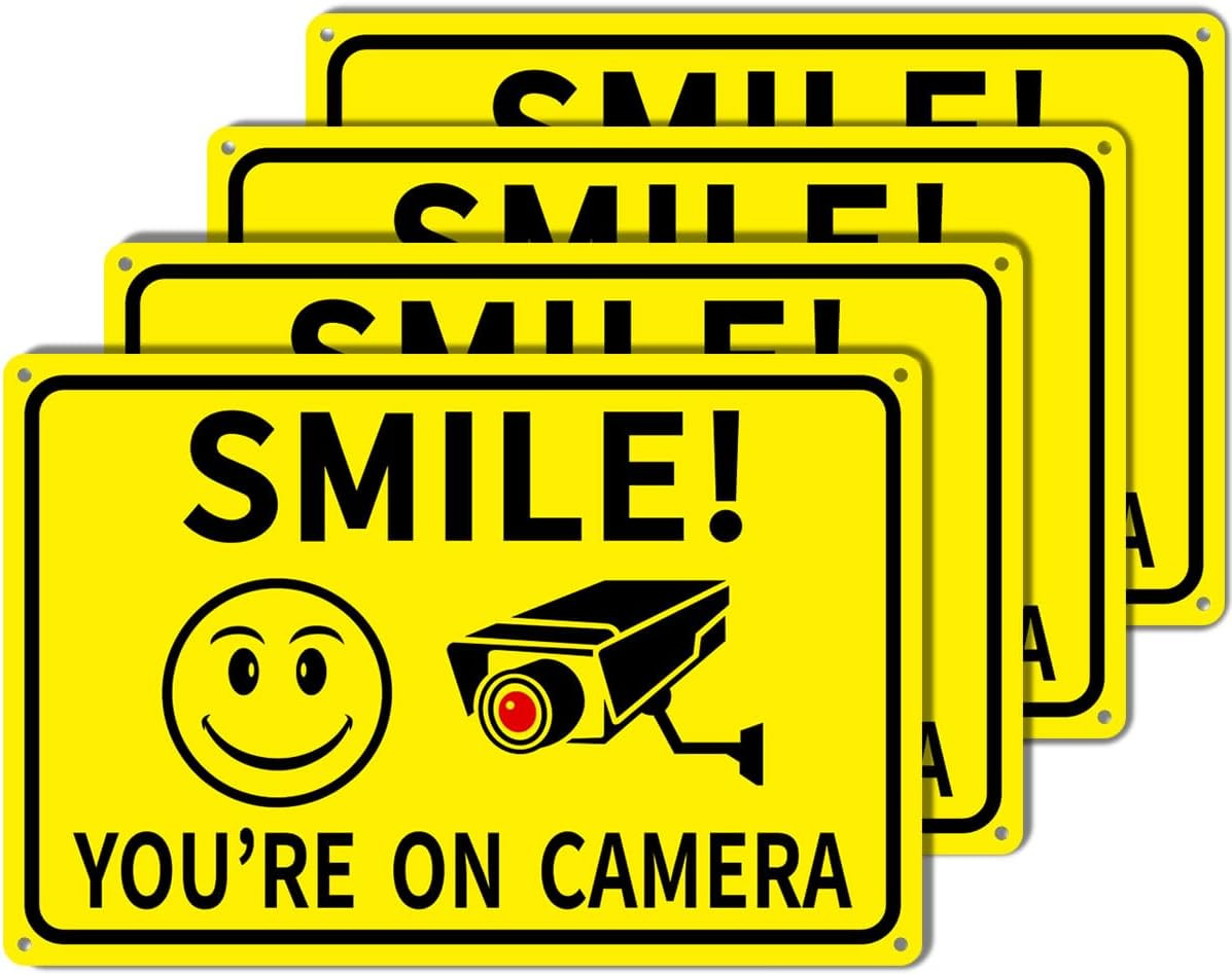 4 PACK Smile You'Re on Camera Signs 8"x12" Video Surveillance Aluminum Sign