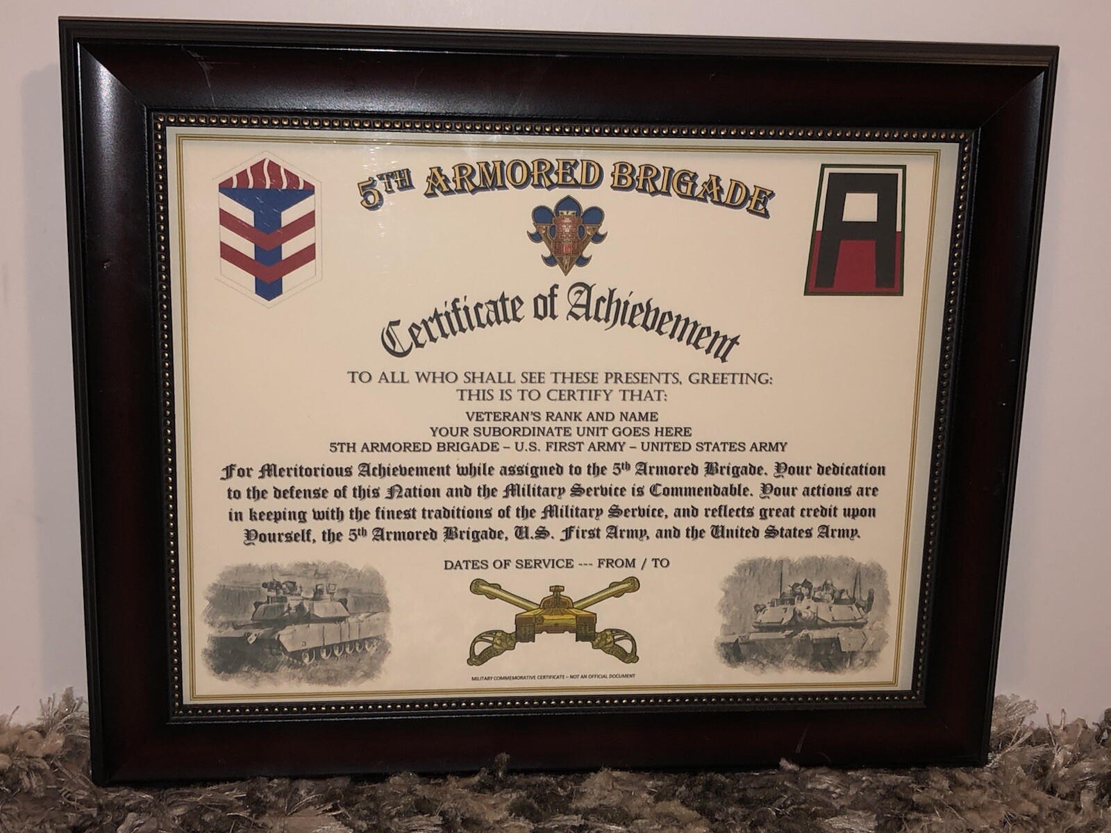 5TH ARMORED BRIGADE - ACHIEVEMENT (COMMEMORATIVE CERTIFICATE)