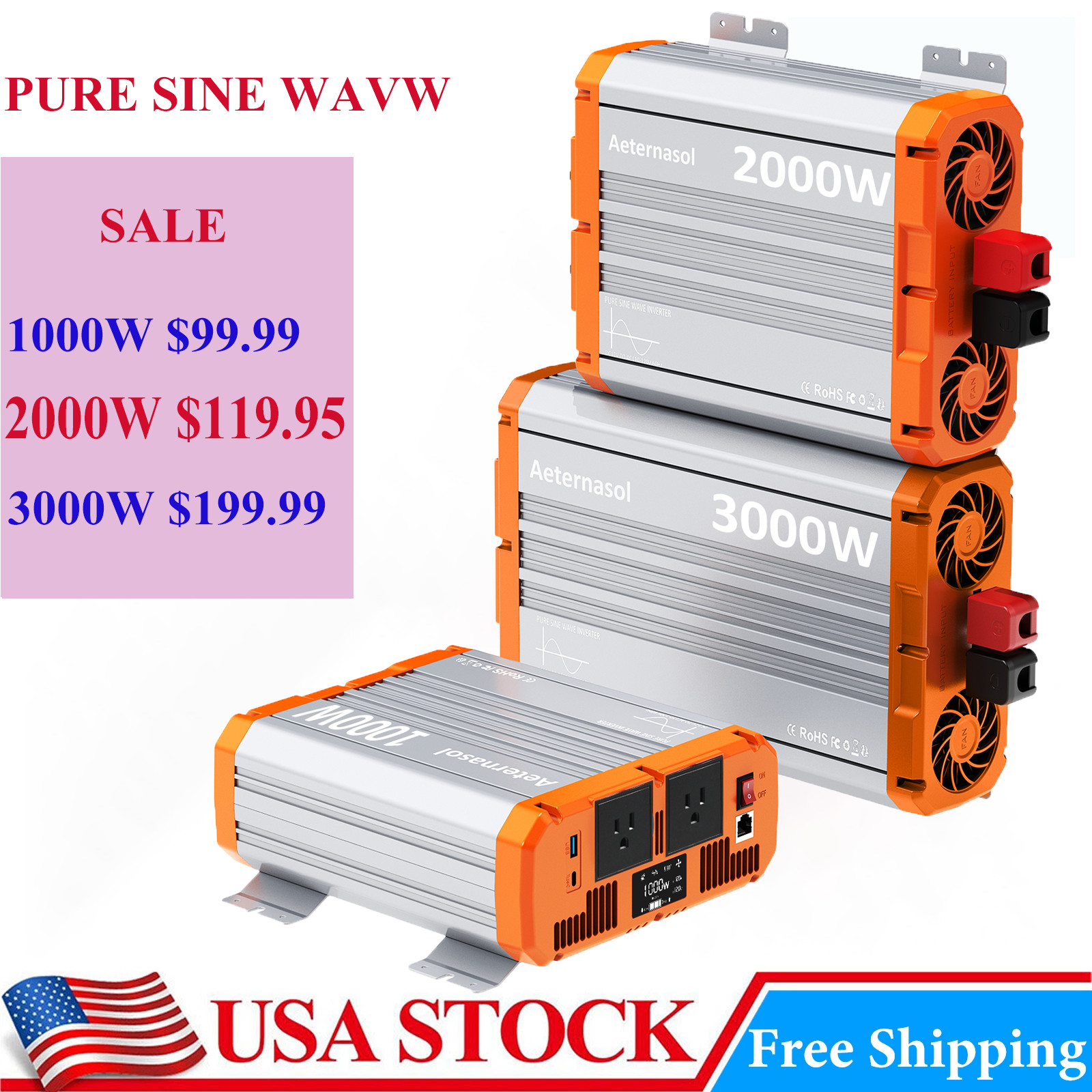 Pure Sine Wave Power Inverter 1000W 2000W 3000W 12V 110 120V Converter Car Boat