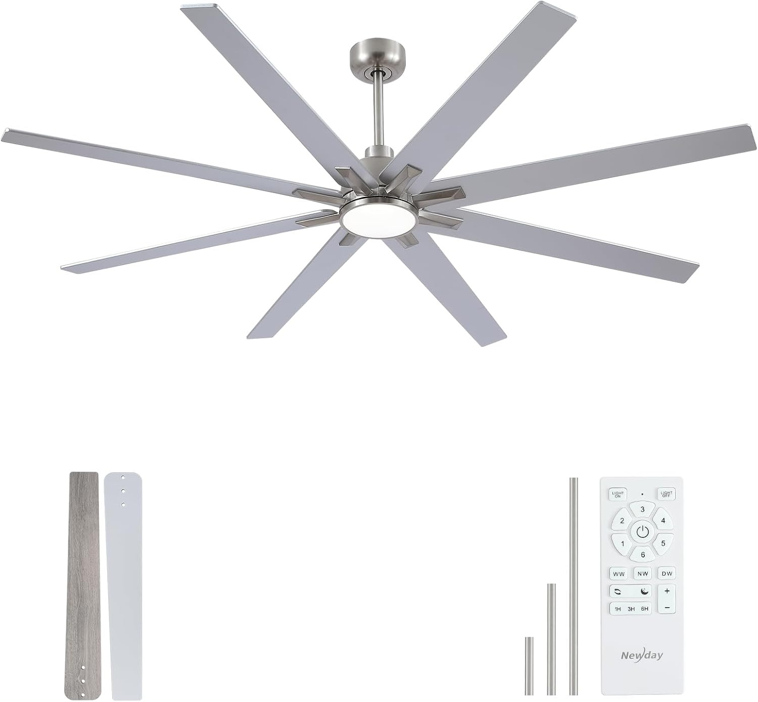 Modern 72" Brushed Nickel Ceiling Fan with Light & Remote, 6-Speed Quiet Airflow
