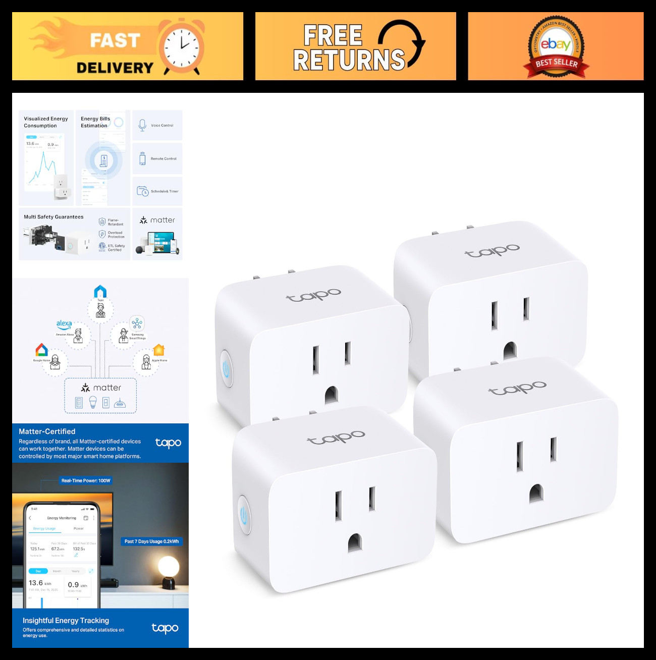 Smart Plug Mini 4-Pack, Matter Compatible, Works with Alexa & Google Home, Energ