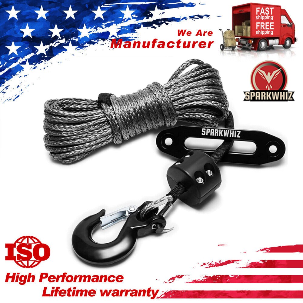1/4" x 50' 10000LBS Synthetic Winch Rope Cable w/Sleeve+Winch Hook For ATV UTV