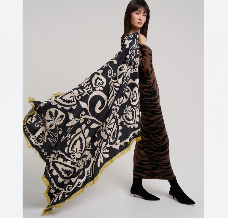ECHO Pask Paisley 100% silk oversized large women's square scarf - Black Yellow