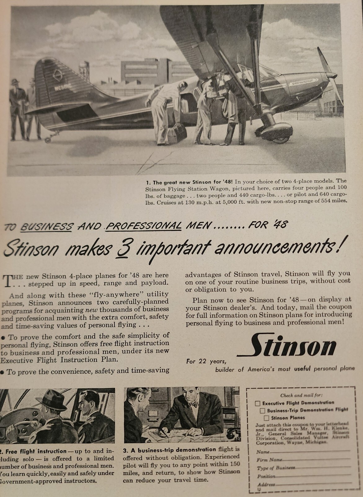 Stinson Aircraft Flying Picture Magazine Ad Picture 1948 Vintage Wall Art