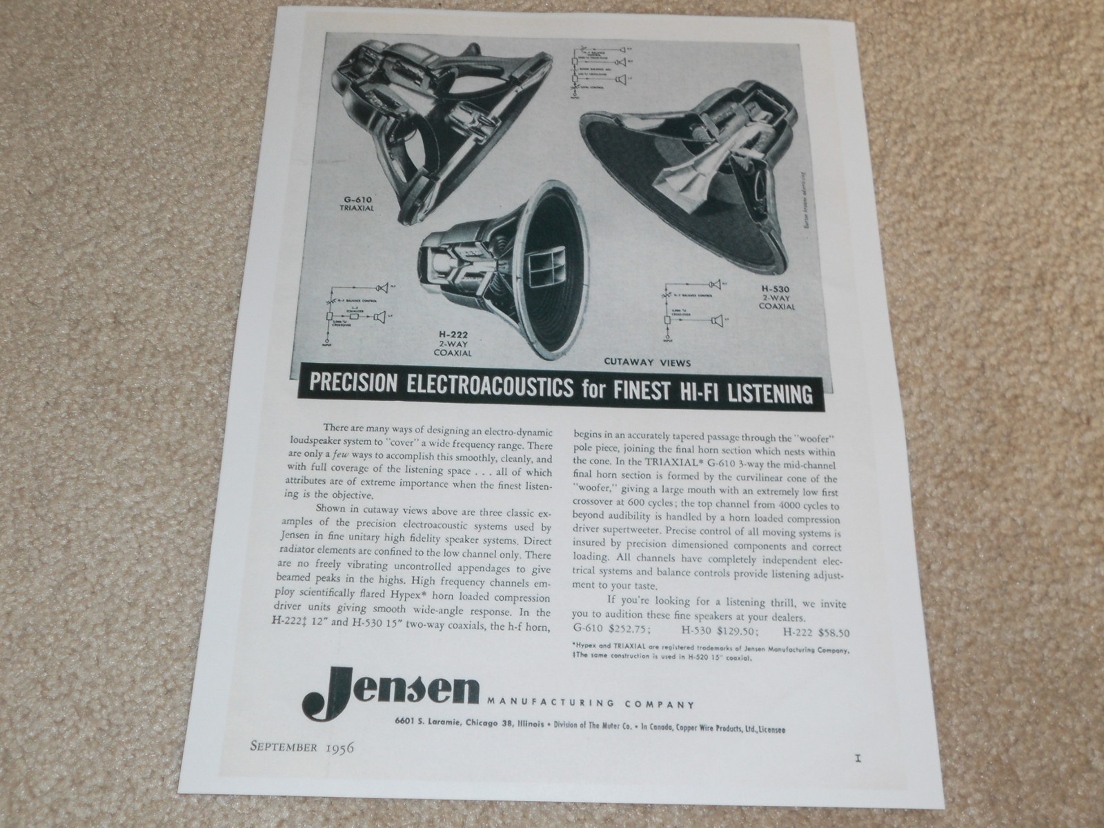 Jensen H-222, G-610, H-530 Triaxial, Coaxial Speaker Ad, 1 pg, 1956, Article