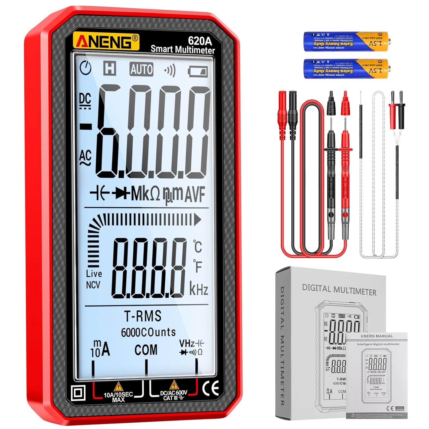 Digital Multimeter, Voltmeter Smart Electrical Tester 6000 Counts with LCD, Meas