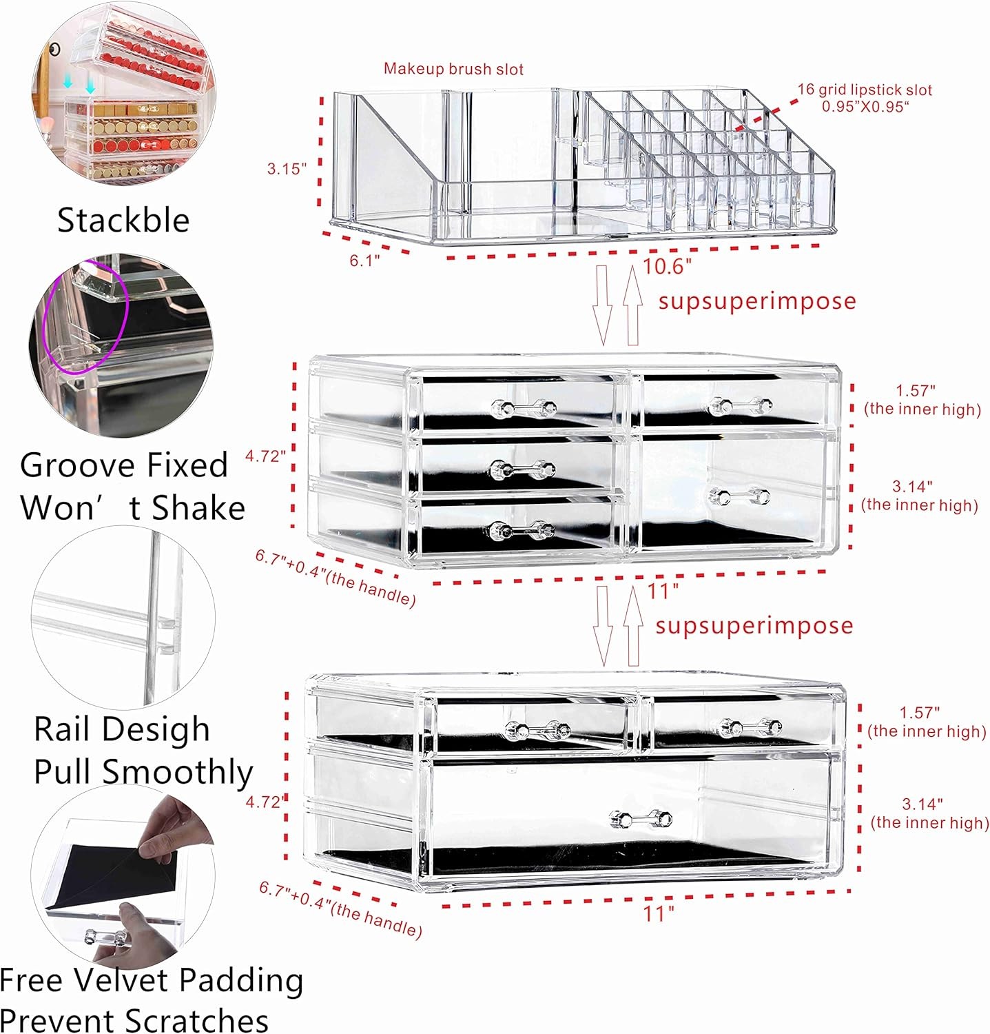3 Pack Clear Make Up Organizer Countertop,Stackable 8 Drawers Makeup