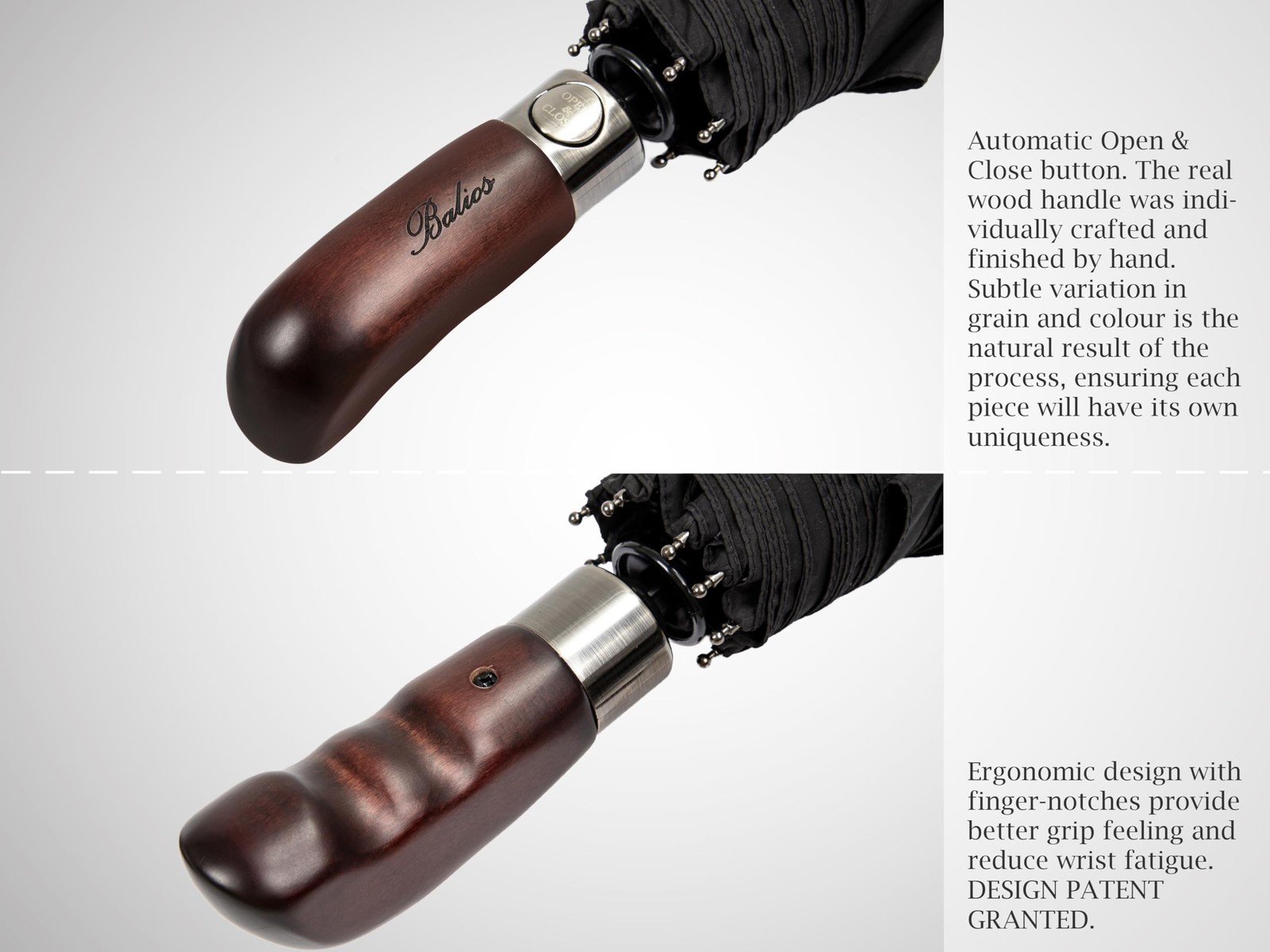Travel Umbrella with Wood Handle | Auto Open, Close, Vented, Windproof Black