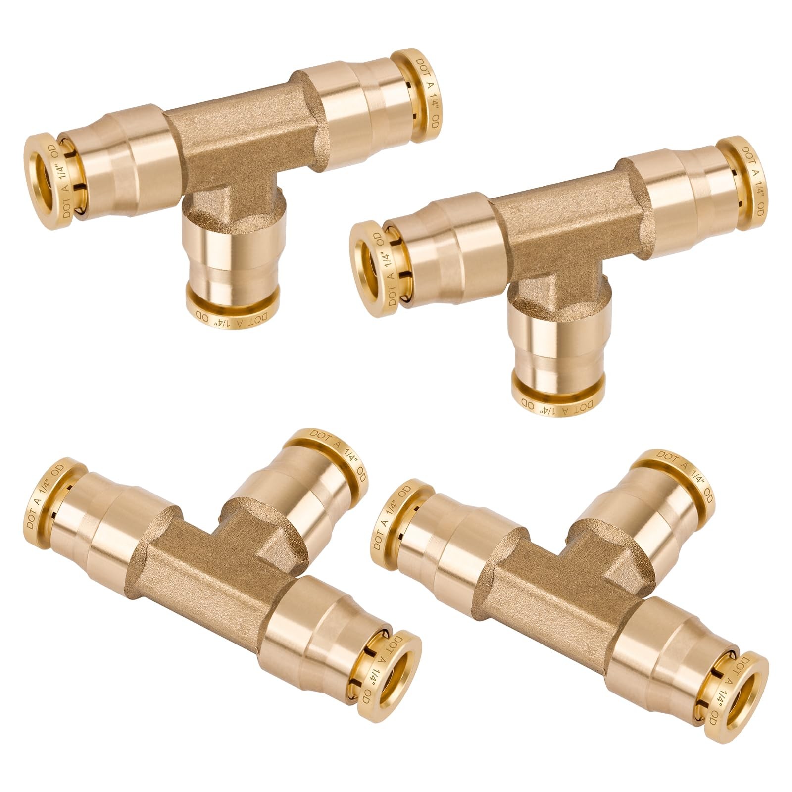 4 Pcs 1/4" Quick Push to Connect Fittings Brass Union Tee Shaped Tube Air Line
