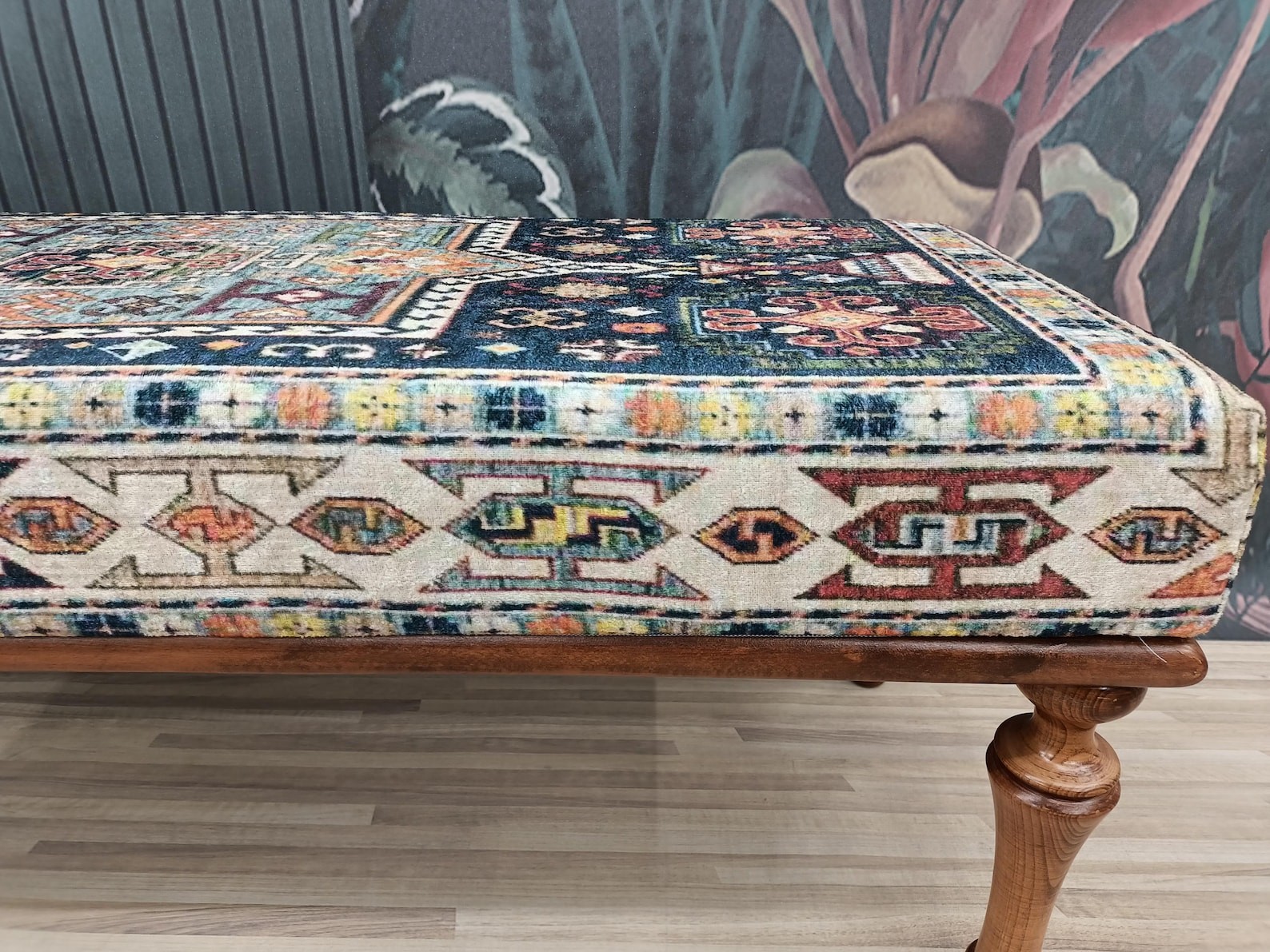 Kilim Pattern Printed Rug Upholstered Piano Bench, Entry Bench, Dining Bench