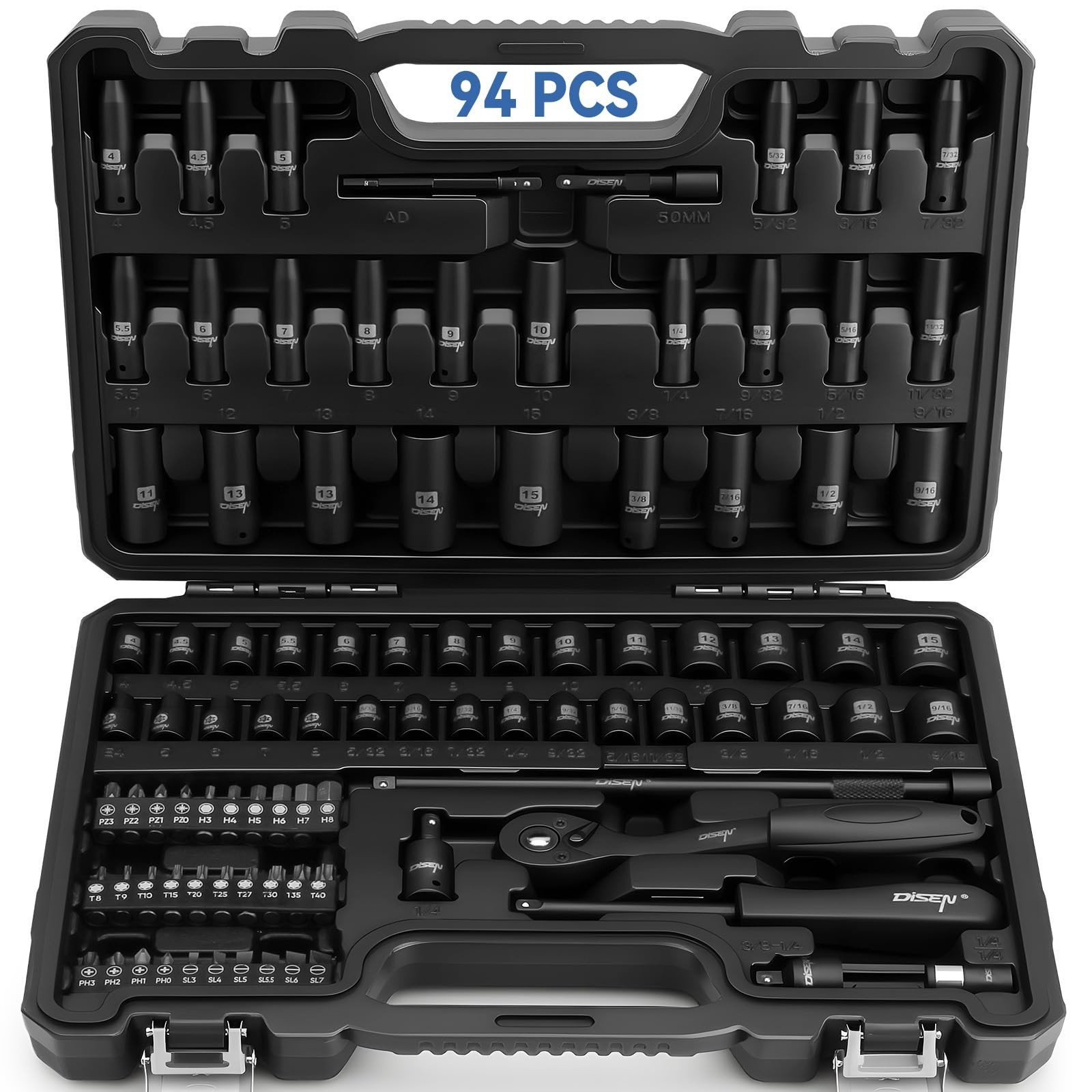 DISEN 94 PCS 1/4" Drive Impact Socket Set | Shallow & Deep Socket SAE(5/32"-9...